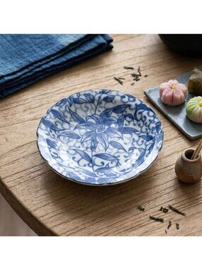Vintage Takahashi Japanese Ceramic Plate 4.5" Blue & White Lily Pattern